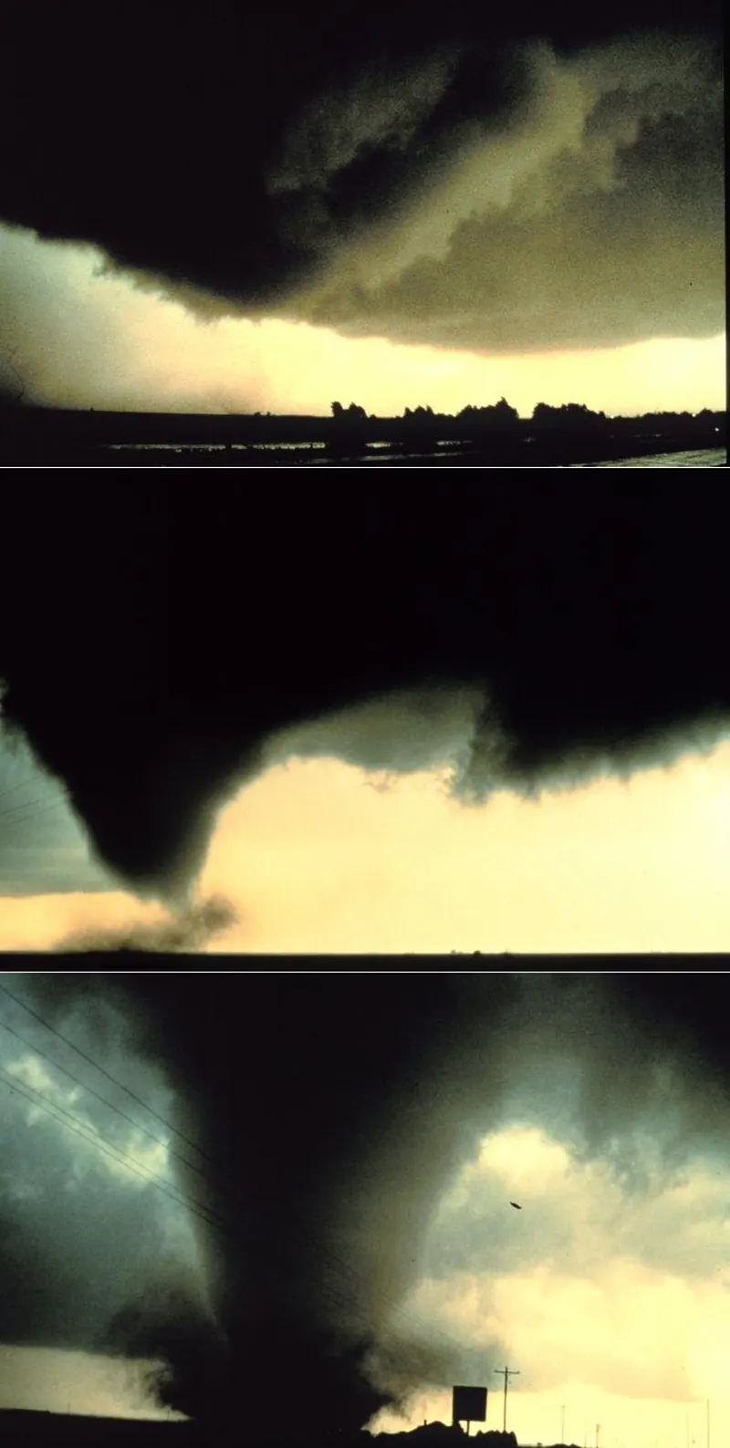Three photos side by side of the same tornado, from a thin funnel to a wide tornado and back to a narrow, fading one